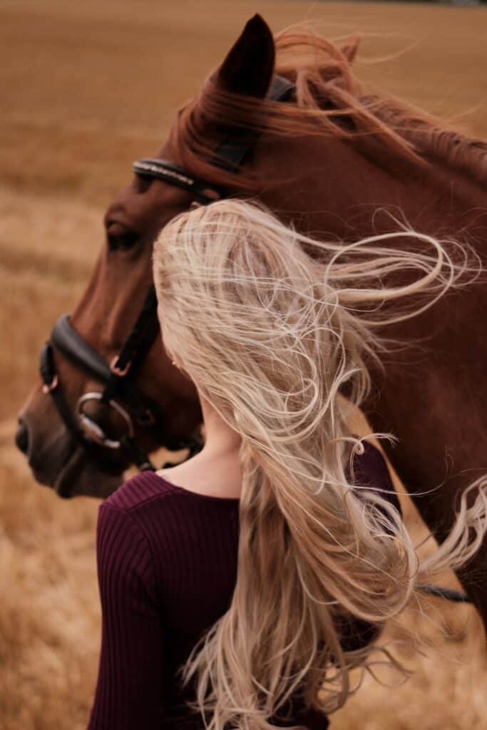 Woman with long blonde hair moving in the wind, wearing a maroon sweater, holding the bridle of a reddish-brown horse in a field of golden grasses.