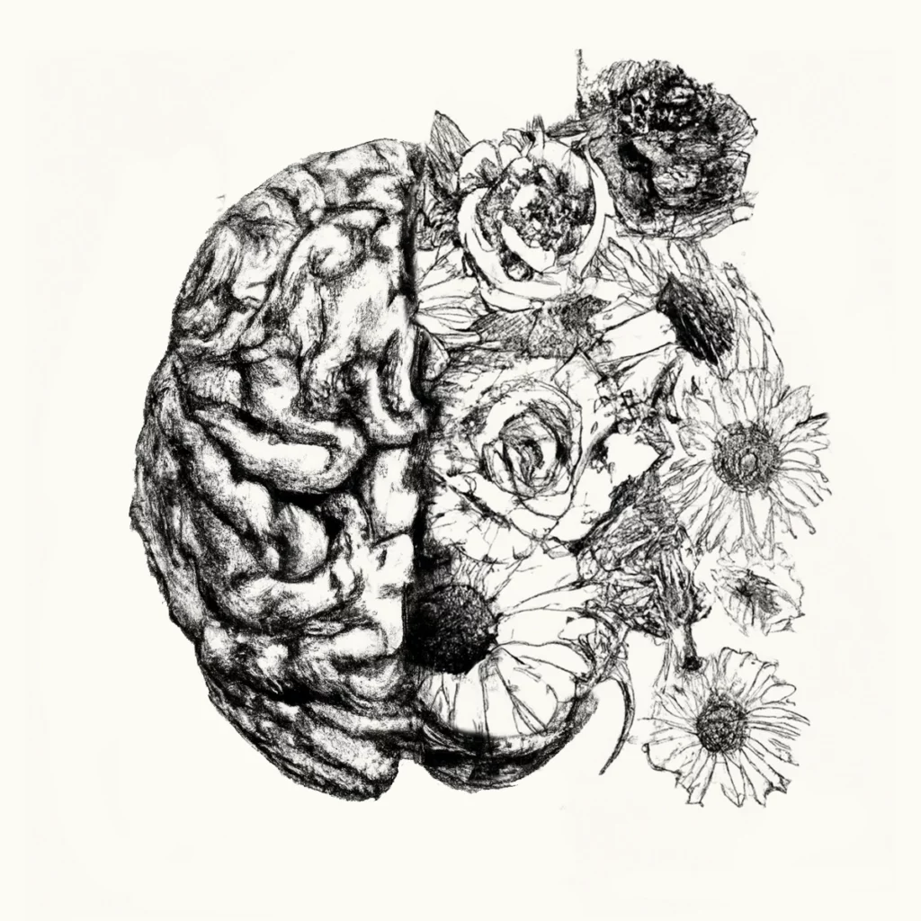 Black and white pencil drawing of half a brain, with the other half covered in flowers like roses and daisies.